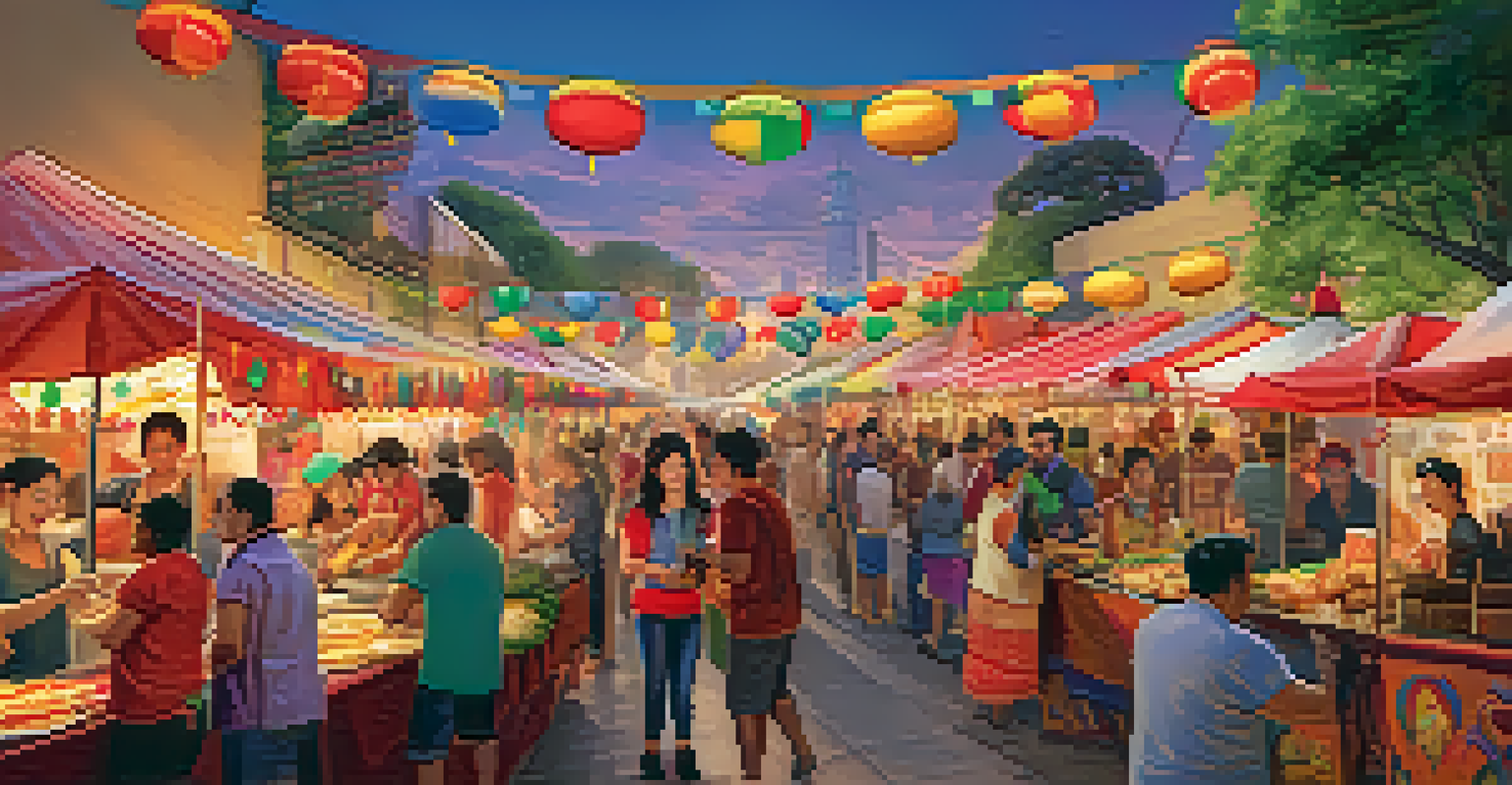 A vibrant multicultural food festival with food stalls offering various international cuisines and a lively atmosphere.