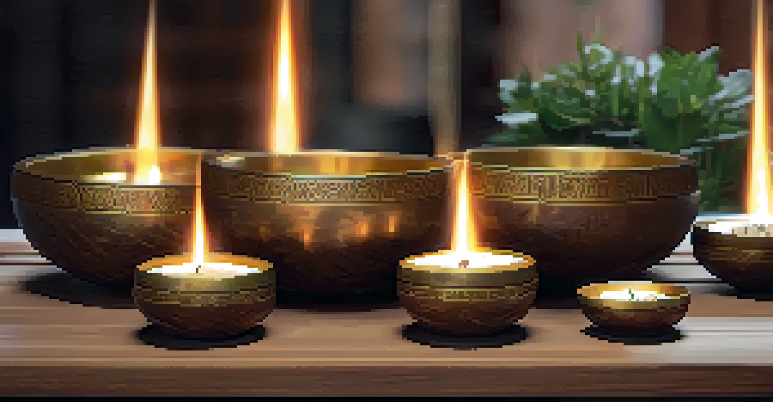 A close-up of Tibetan singing bowls with a mallet, showcasing intricate designs and soft lighting.