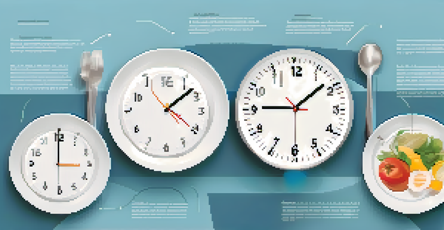 An infographic illustrating various methods of intermittent fasting with icons and a clock showing feeding and fasting windows, set against a calming blue background.