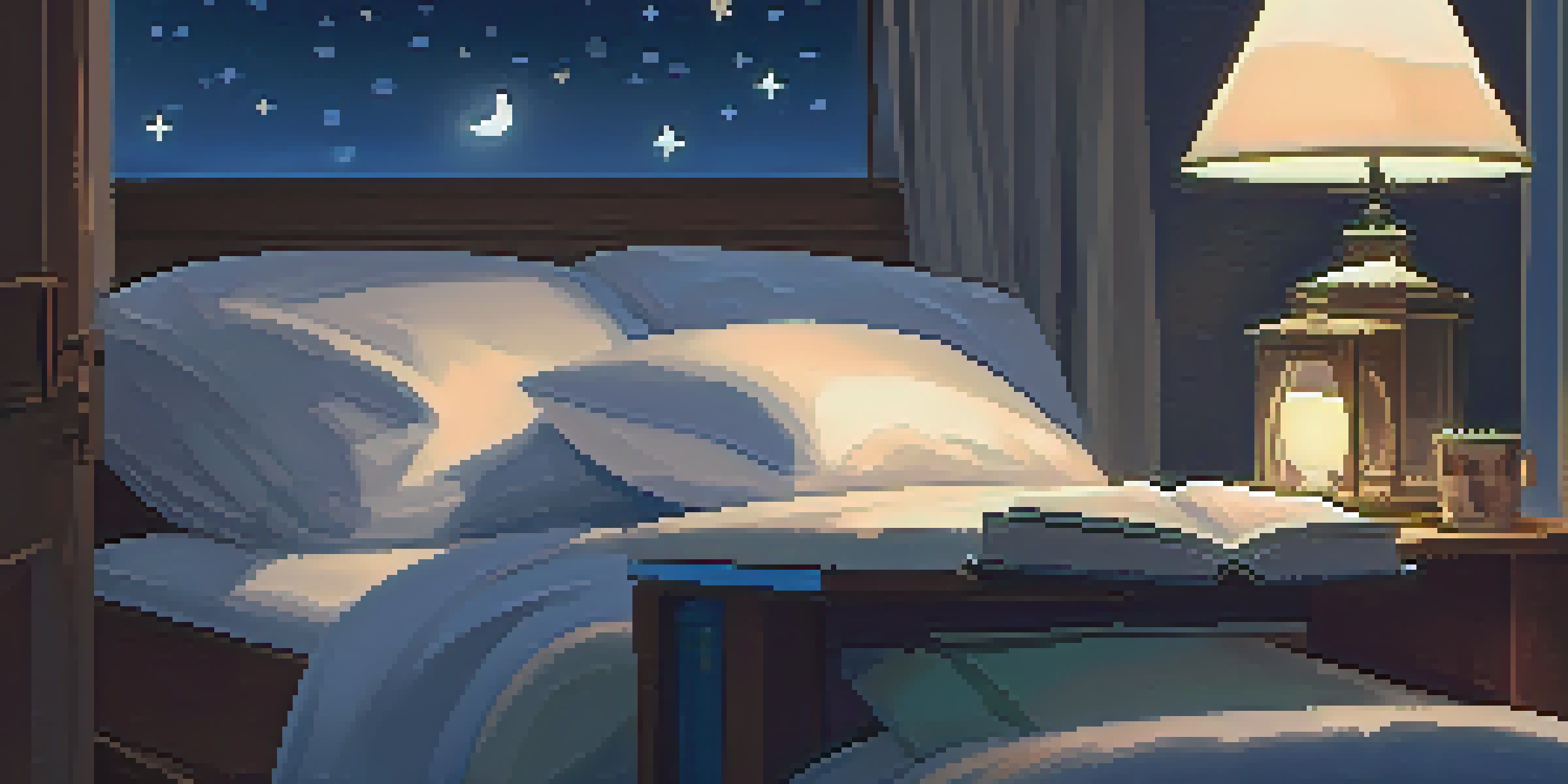A cozy bedroom with a neatly made bed, soft pillows, and a starry night sky visible through the window.