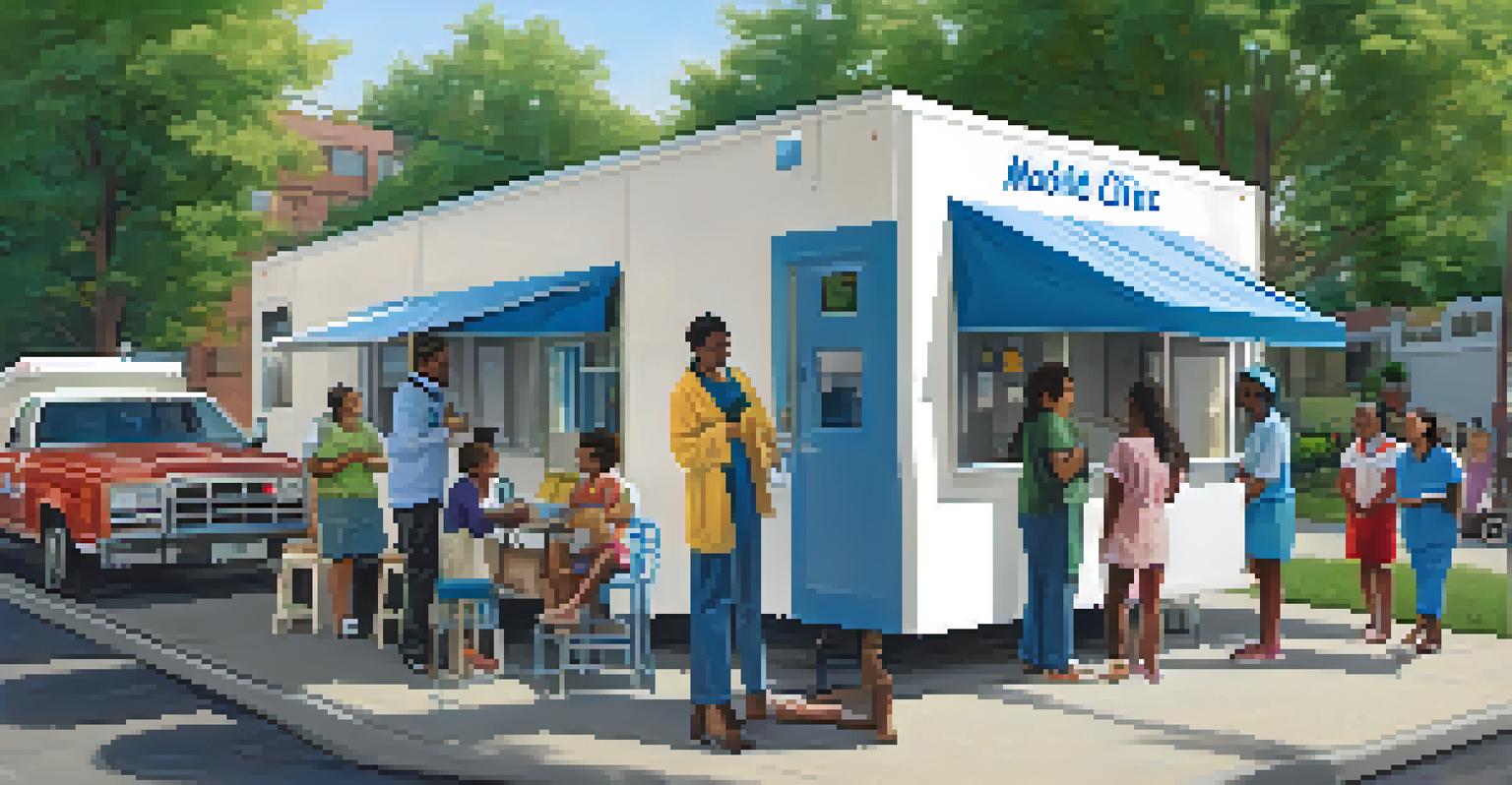 A mobile health clinic in a low-income neighborhood offering screenings and consultations to community members, with a welcoming atmosphere.