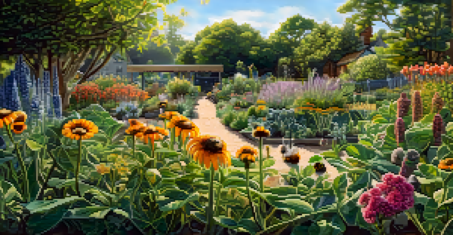 A close-up of a community garden with native plants and pollinators, emphasizing biodiversity and ecological health.
