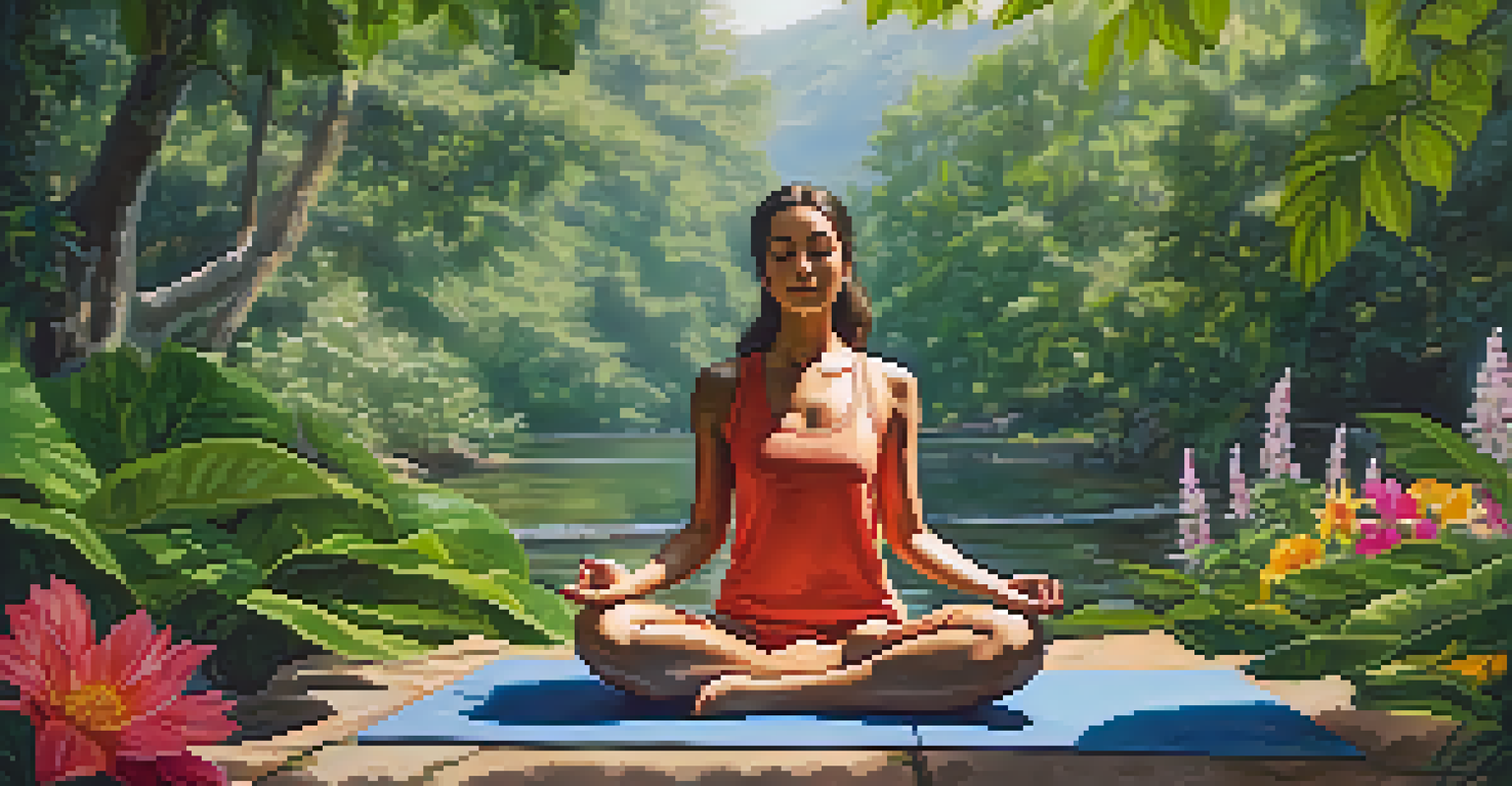 A person meditating outdoors amidst greenery and flowers, seated on a yoga mat with soft sunlight filtering through the leaves.
