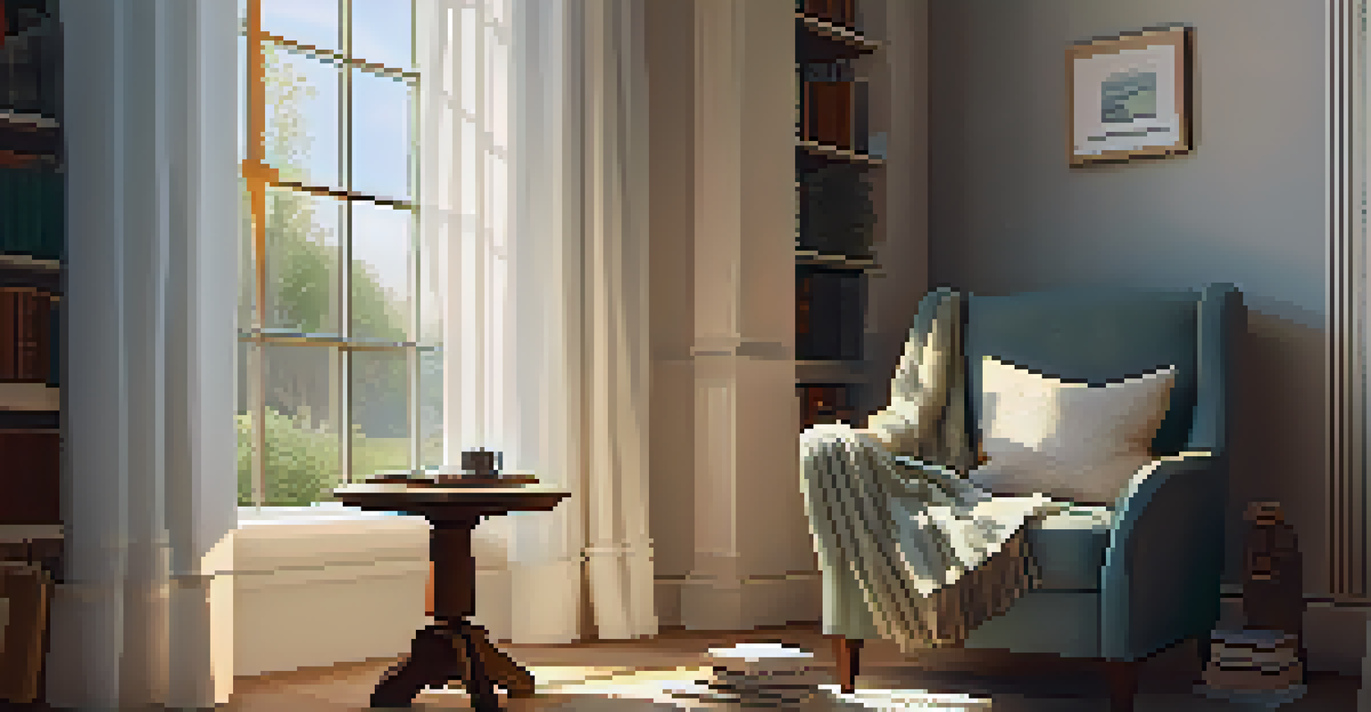 A cozy indoor nook with an armchair, bookshelves, and a warm cup of tea, inviting relaxation.