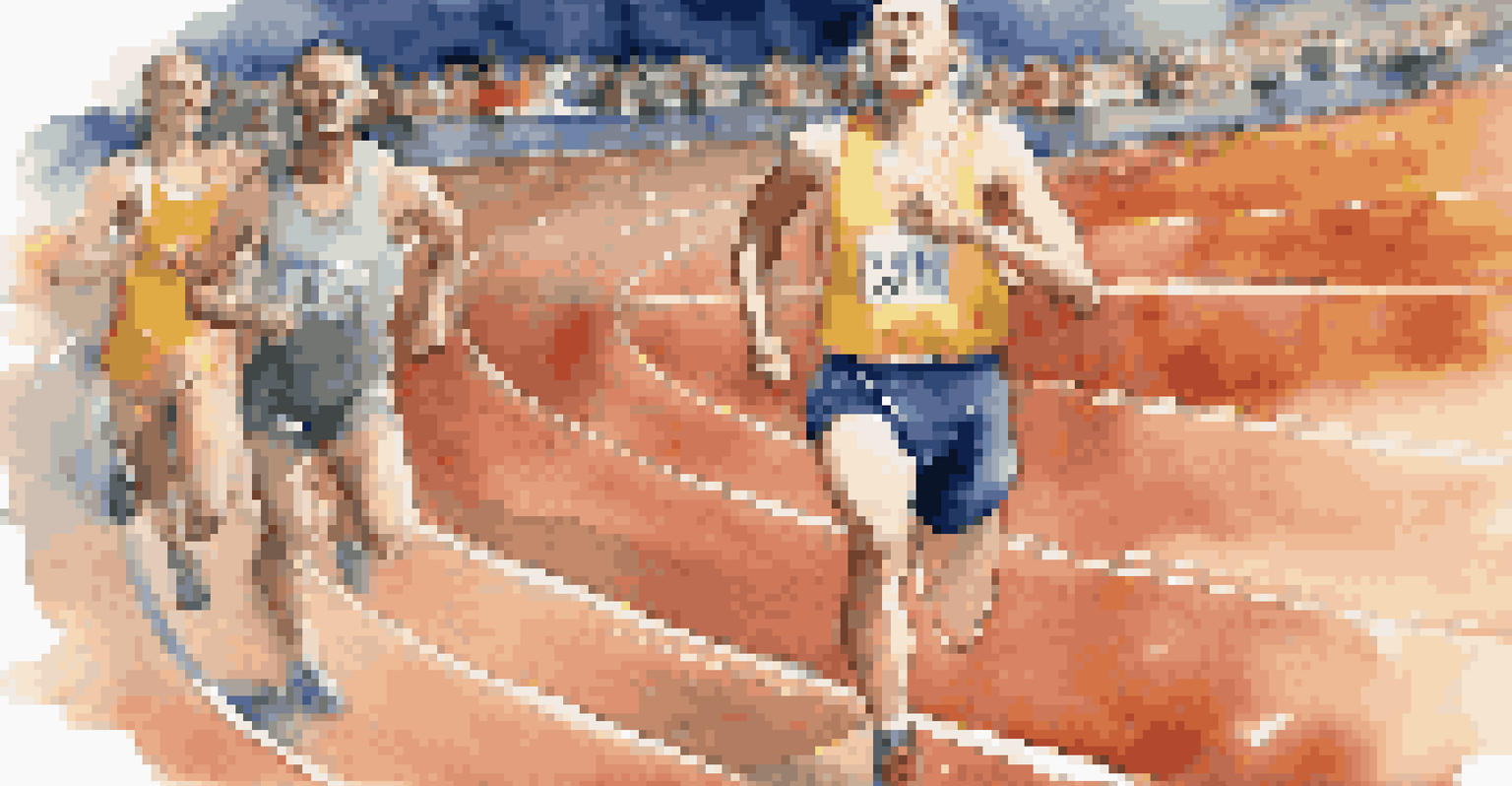 An athlete visualizing their race on a running track with a blurred background of cheering fans.