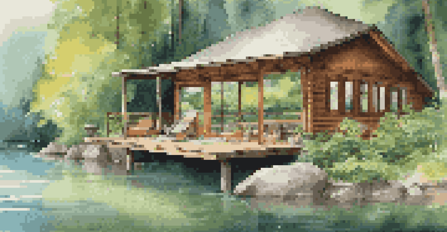 A cozy wooden cabin in a forest with a deck featuring lounge chairs and a table with herbal tea and fruits.
