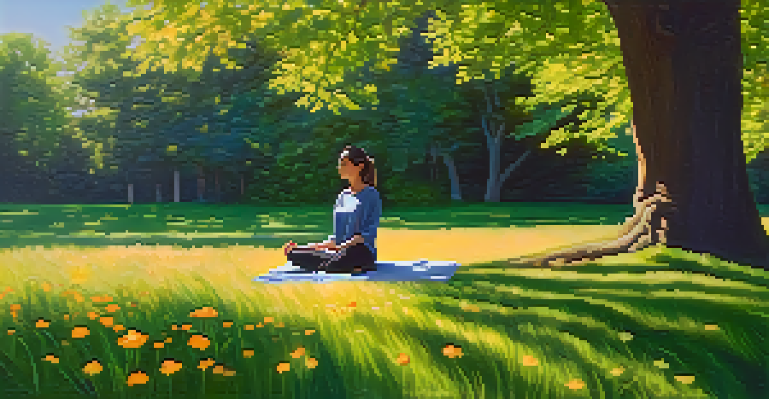 A person meditating on grass in a park surrounded by flowers and trees.