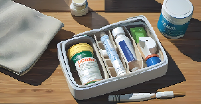 A neatly arranged travel health kit with band-aids, antiseptic wipes, and pain relievers, displayed on a wooden table with natural light.