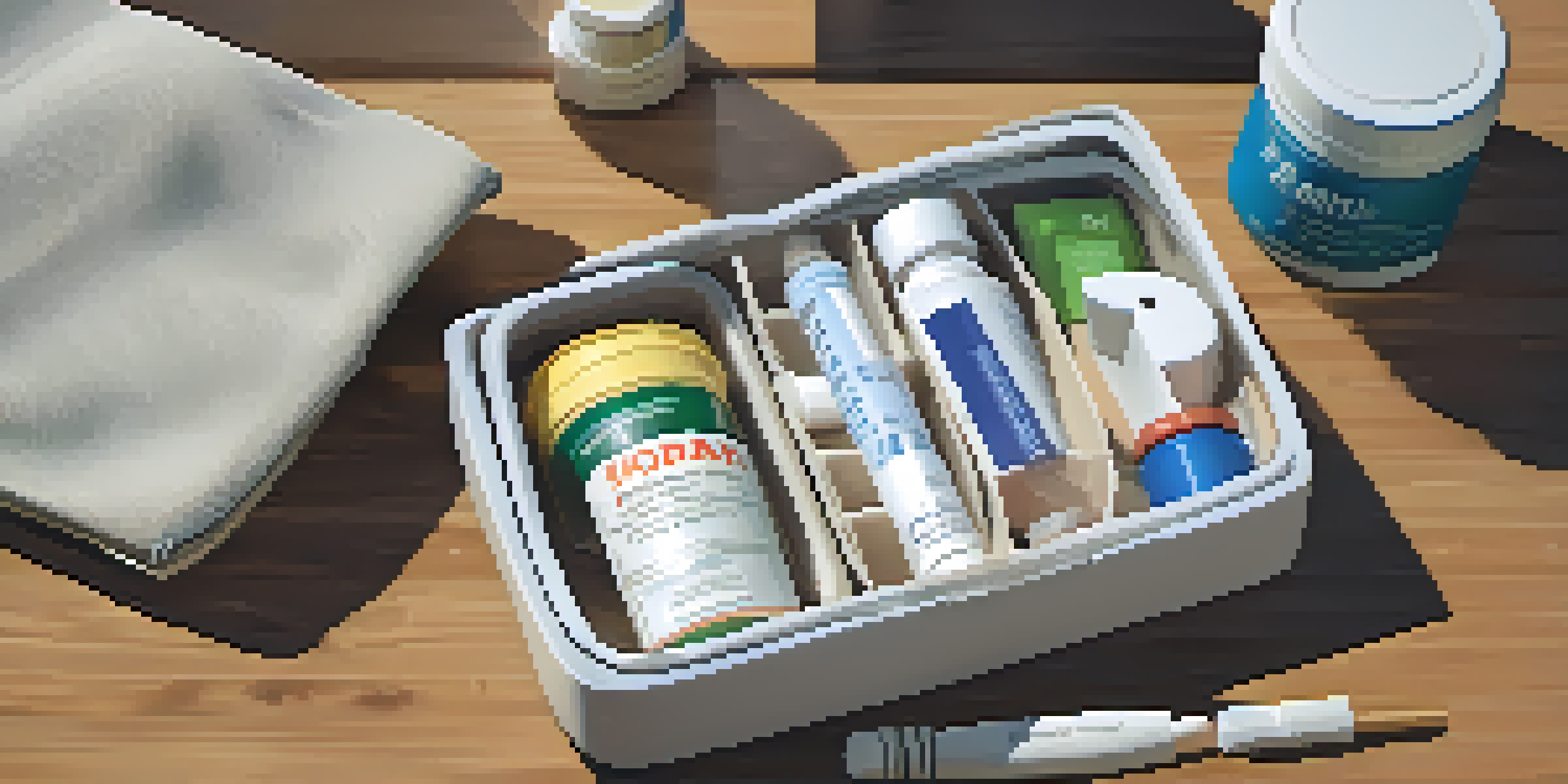 A neatly arranged travel health kit with band-aids, antiseptic wipes, and pain relievers, displayed on a wooden table with natural light.