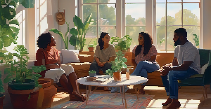 A diverse group of people in a sunlit room sharing mental health stories, showcasing warmth and support.