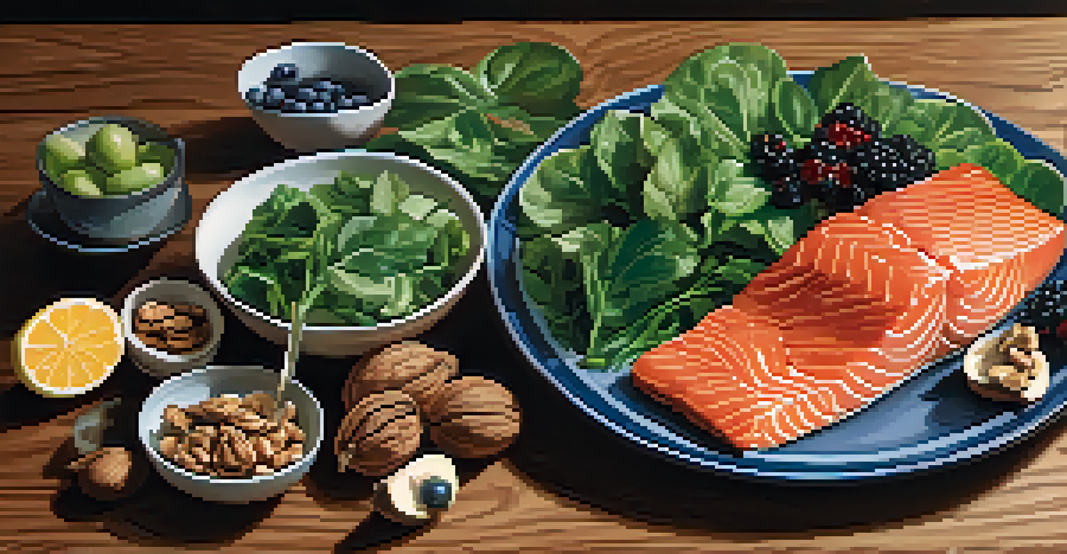 A colorful plate of healthy foods including salmon, leafy greens, berries, and walnuts, arranged on a wooden table.