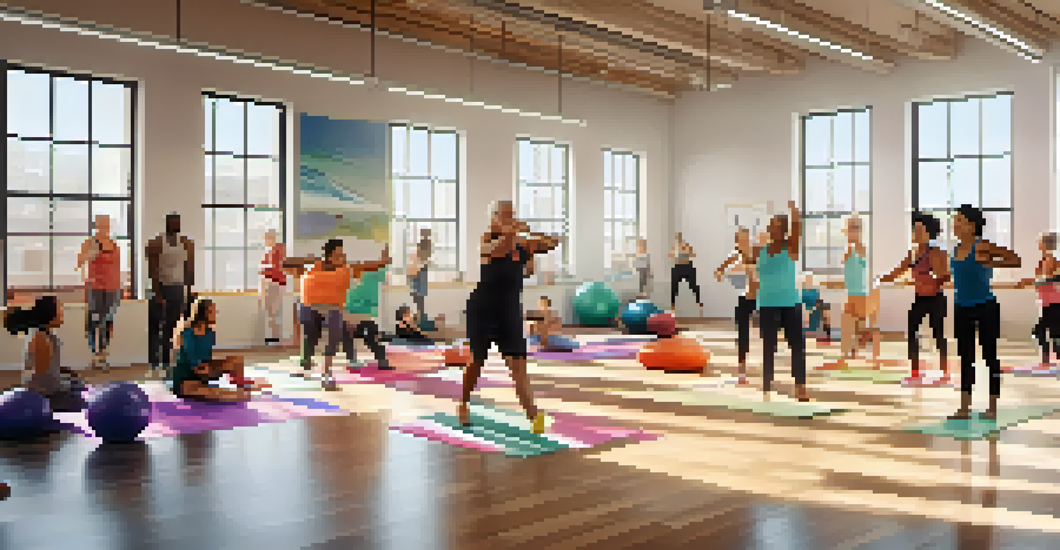 An inclusive fitness class in a well-lit studio with diverse participants of various ages and abilities engaged in group exercises.