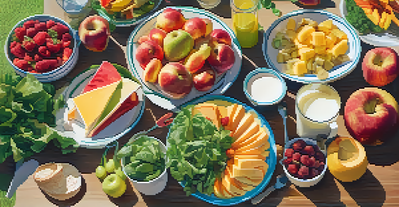 An overhead shot of a colorful, nutritious meal spread on a table, with greens, fruits, and dairy products, against a blurred athletic field background.