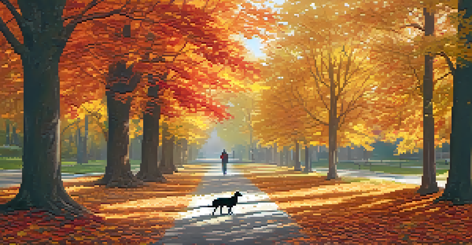 A person walking a dog along a leaf-covered path in an autumn park, surrounded by colorful trees.