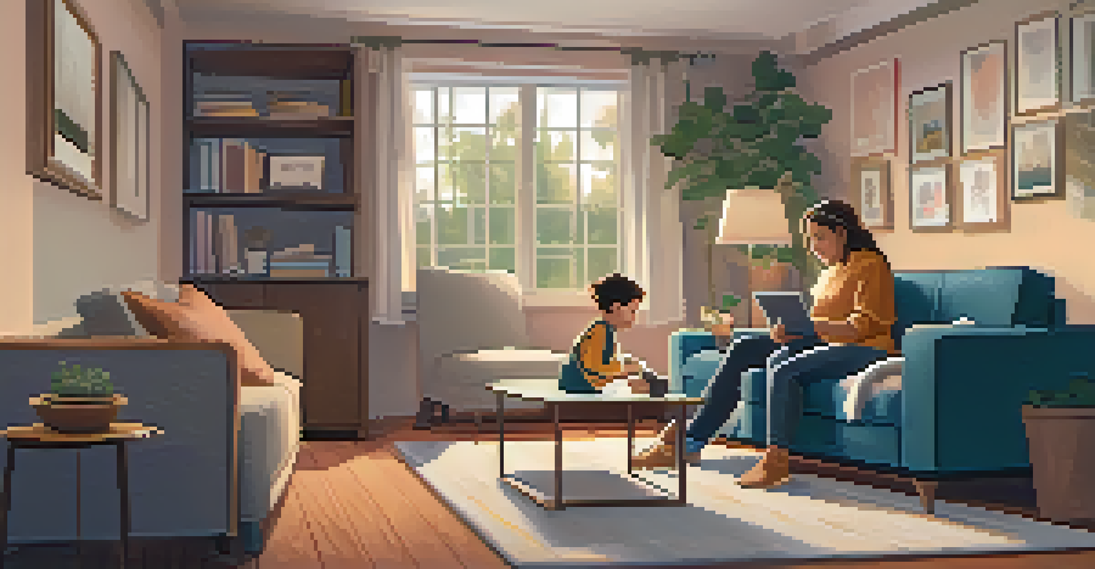 A parent and child in a cozy living room, looking at a tablet together, creating a warm and supportive environment for discussing mental health.