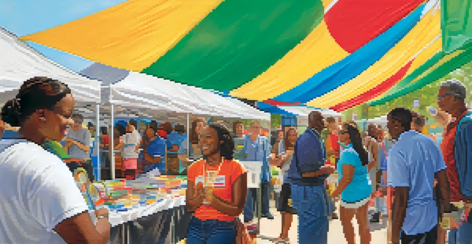 A lively community health fair with diverse attendees interacting with health education booths under bright sunshine.