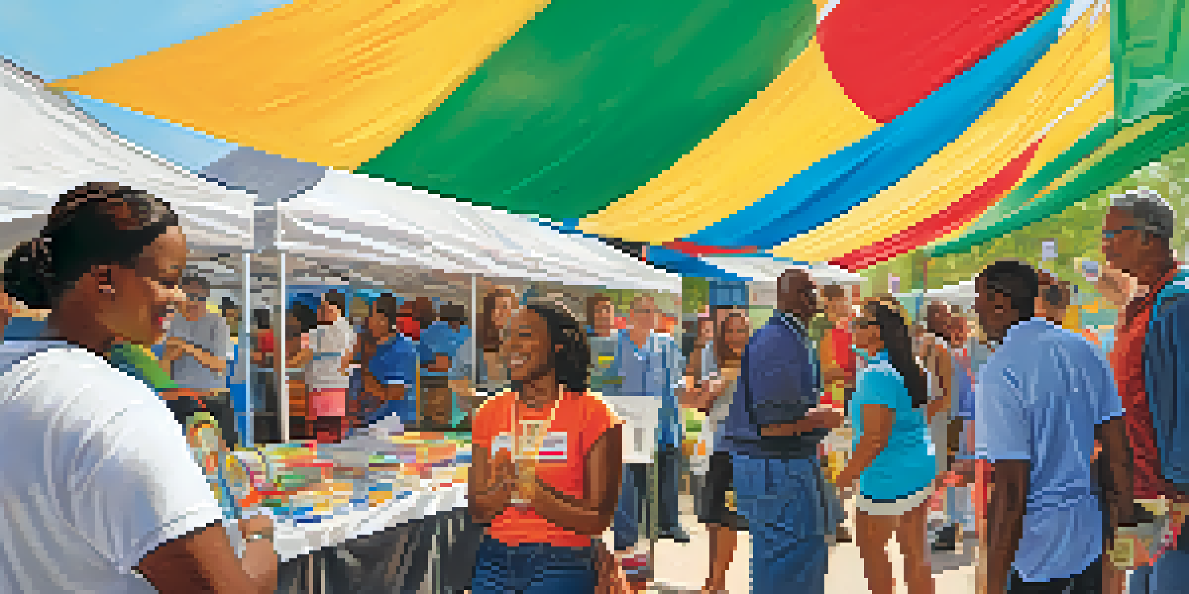 A lively community health fair with diverse attendees interacting with health education booths under bright sunshine.