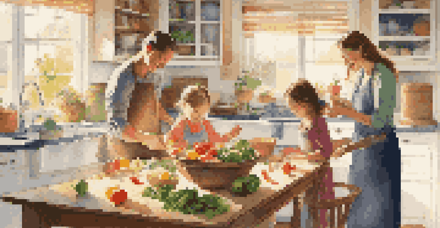 A family cooking together in a bright kitchen, kids washing veggies and adults chopping ingredients, surrounded by colorful produce.