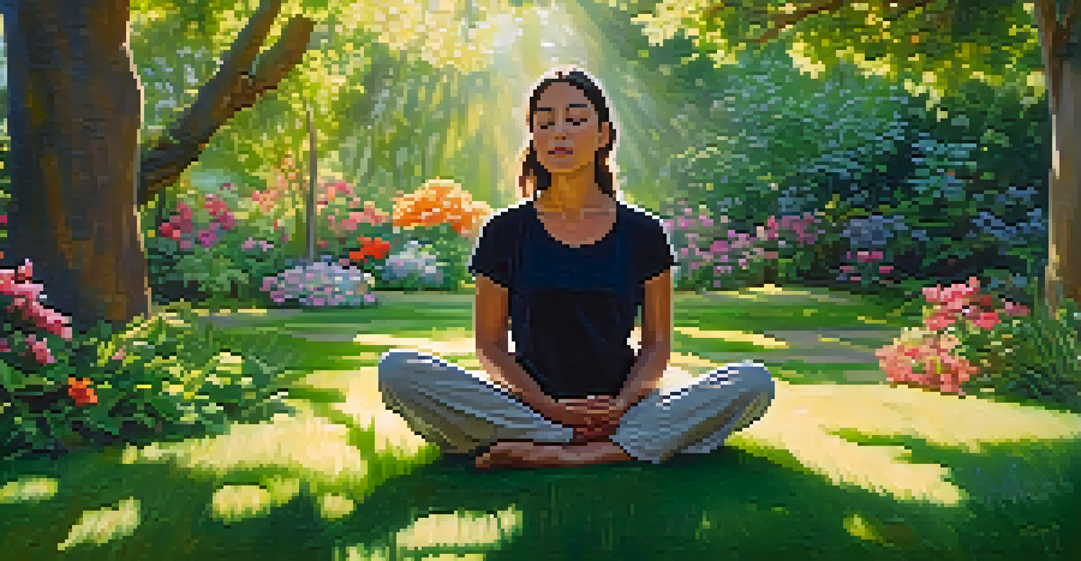 A person meditating in a lush garden, surrounded by flowers and sunlight, embodying peace and connection with nature.