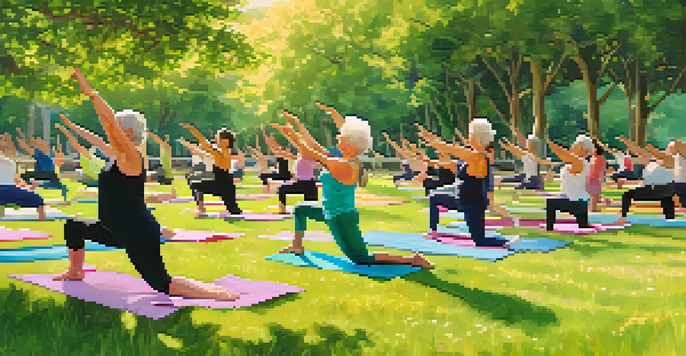 A group of seniors practicing yoga in a sunny park, surrounded by greenery and flowers.