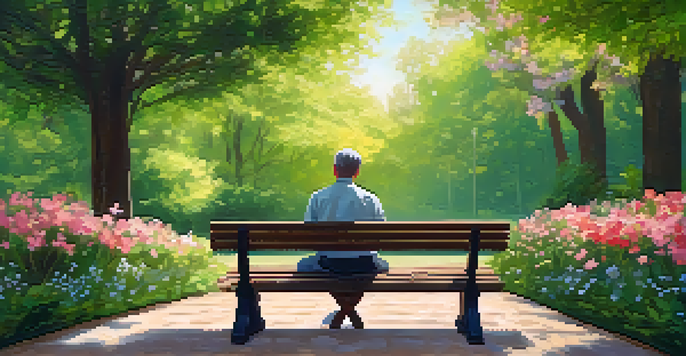 A mental health professional sitting on a bench in a park, practicing mindfulness amidst blooming flowers and sunlight filtering through trees.