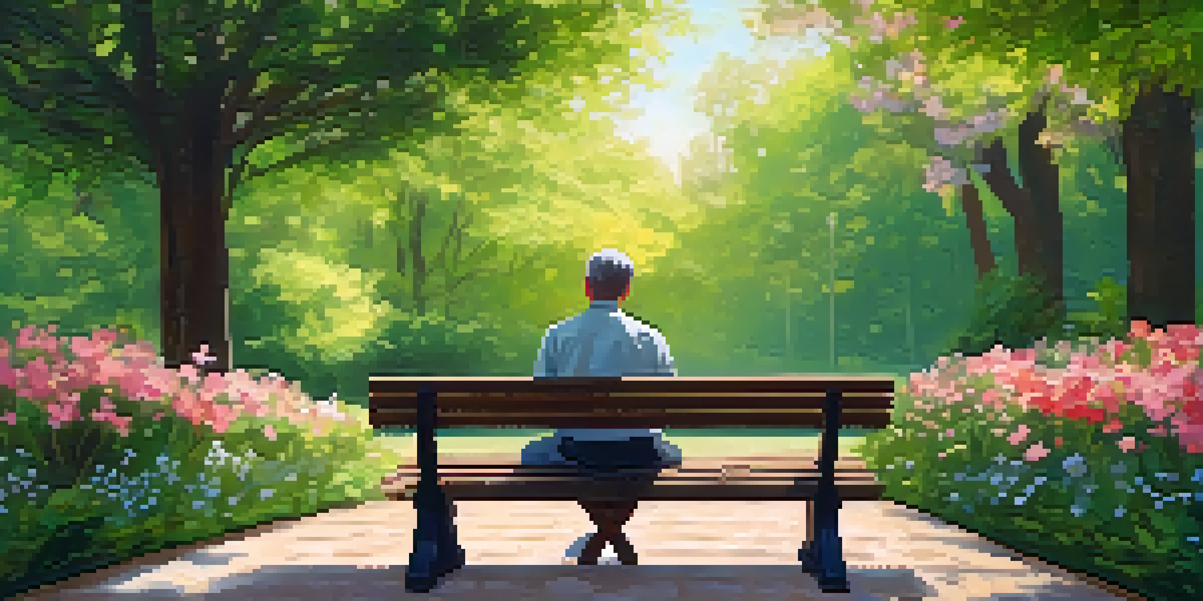 A mental health professional sitting on a bench in a park, practicing mindfulness amidst blooming flowers and sunlight filtering through trees.