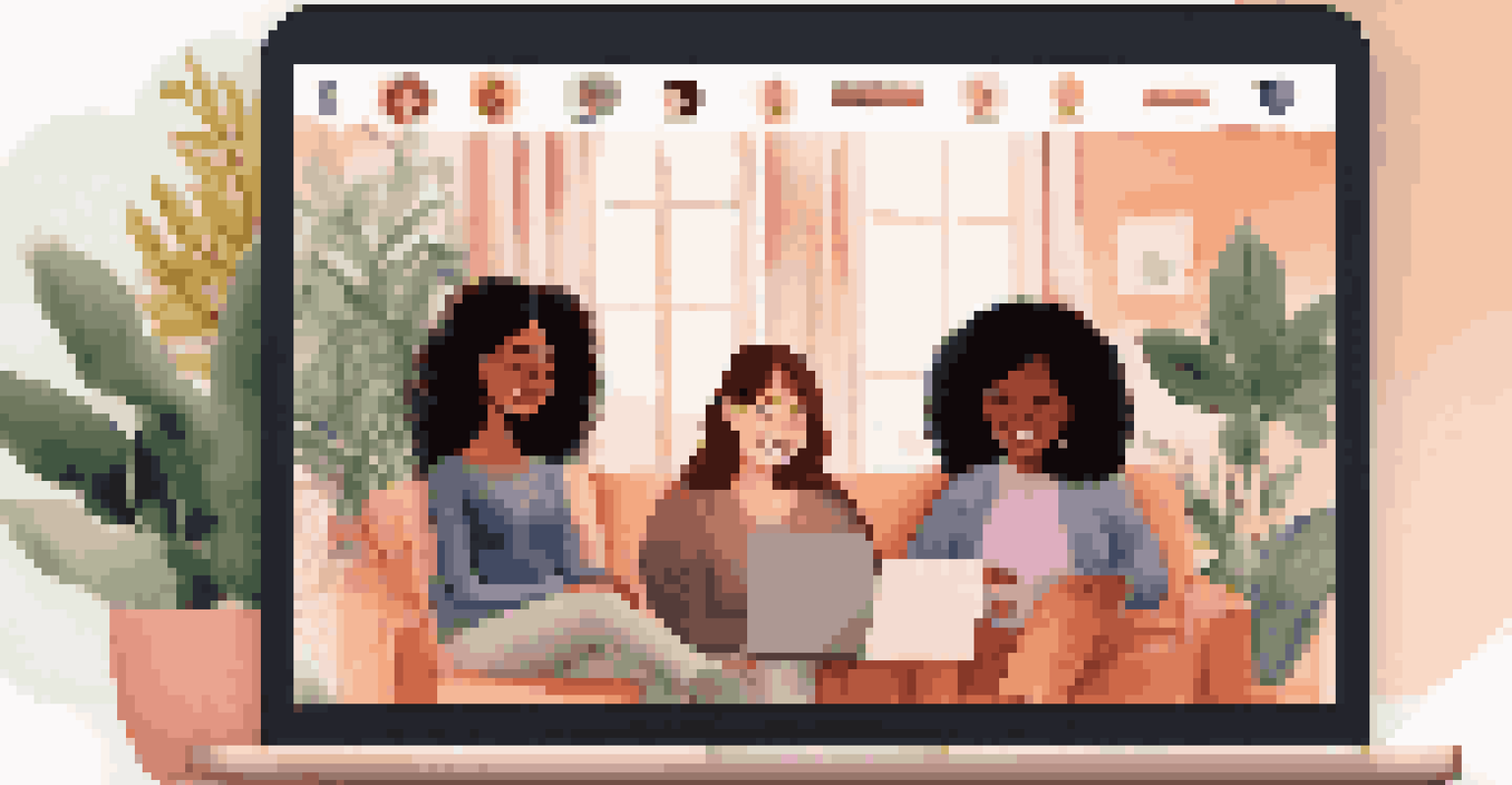 A laptop showing a virtual support group for women discussing menopause, set in a cozy living room.