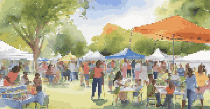 A community health fair in a park with diverse people engaging in health activities, colorful booths, and fitness demonstrations.