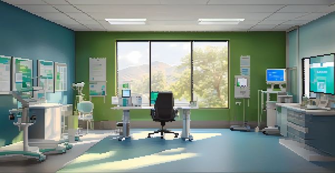 A healthcare workspace with a telemedicine setup, showing a monitor with a virtual consultation, medical devices, and notes in a softly lit environment.