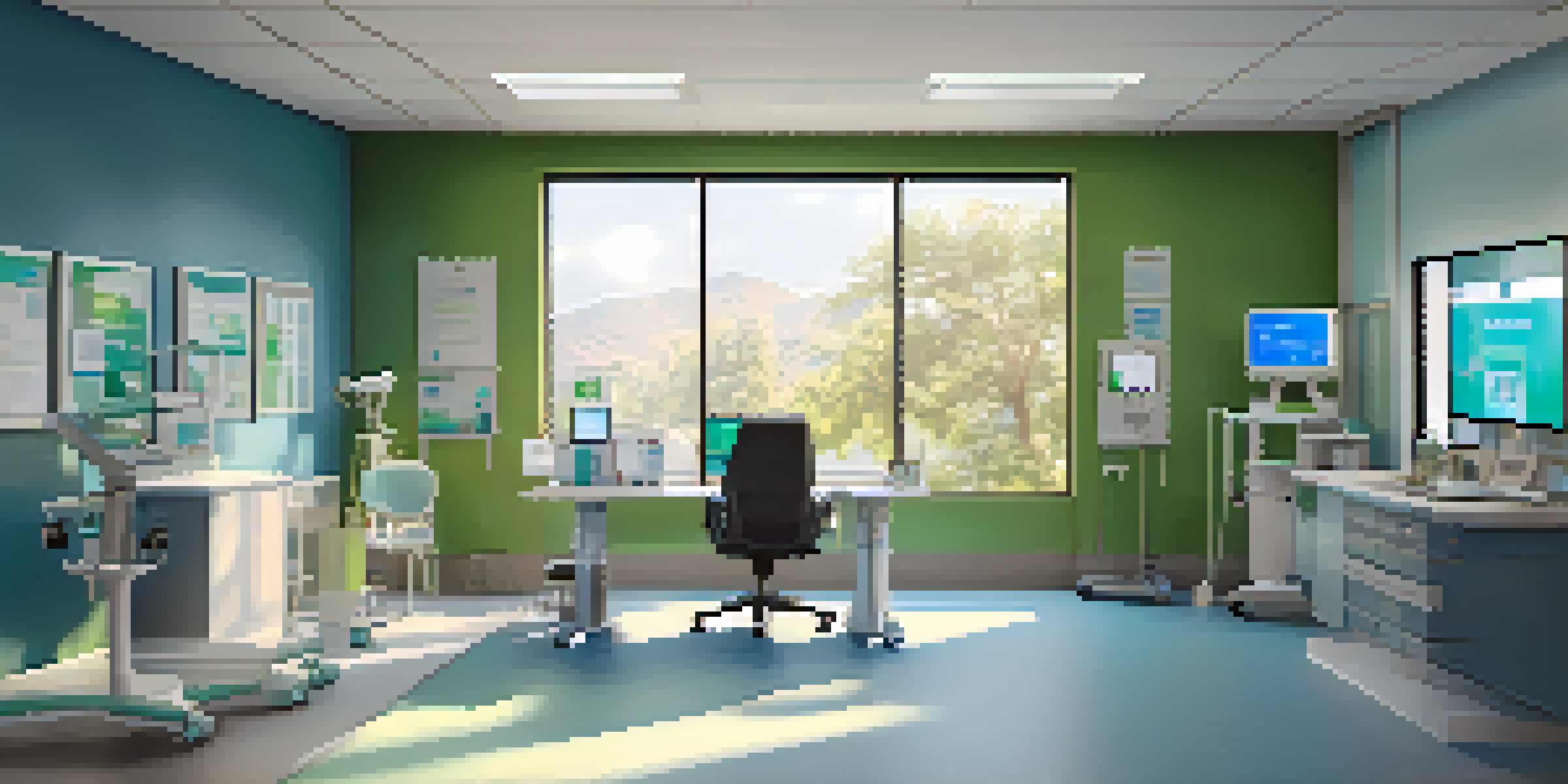A healthcare workspace with a telemedicine setup, showing a monitor with a virtual consultation, medical devices, and notes in a softly lit environment.
