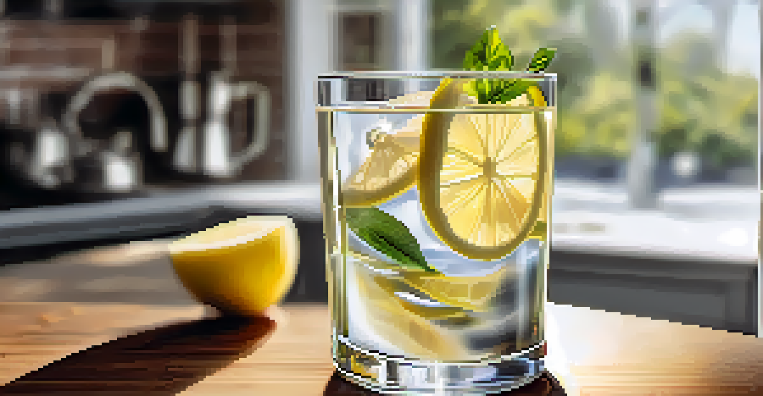 A refreshing glass of water with lemon slices on a wooden table, with sunlight creating reflections.