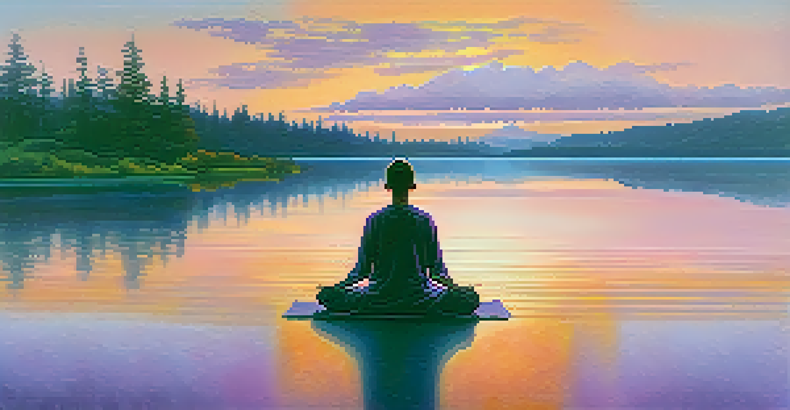 A person meditating by a calm lake at sunset, surrounded by colorful skies and serene water reflections.