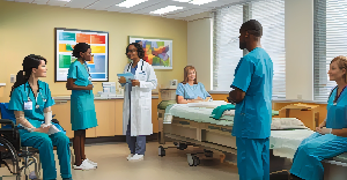 A diverse group of healthcare providers engaging with patients in a bright clinic, using visual aids and promoting communication.