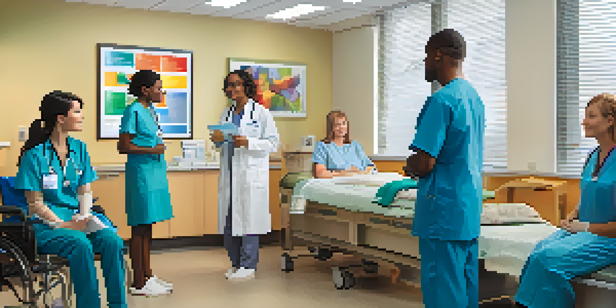 A diverse group of healthcare providers engaging with patients in a bright clinic, using visual aids and promoting communication.