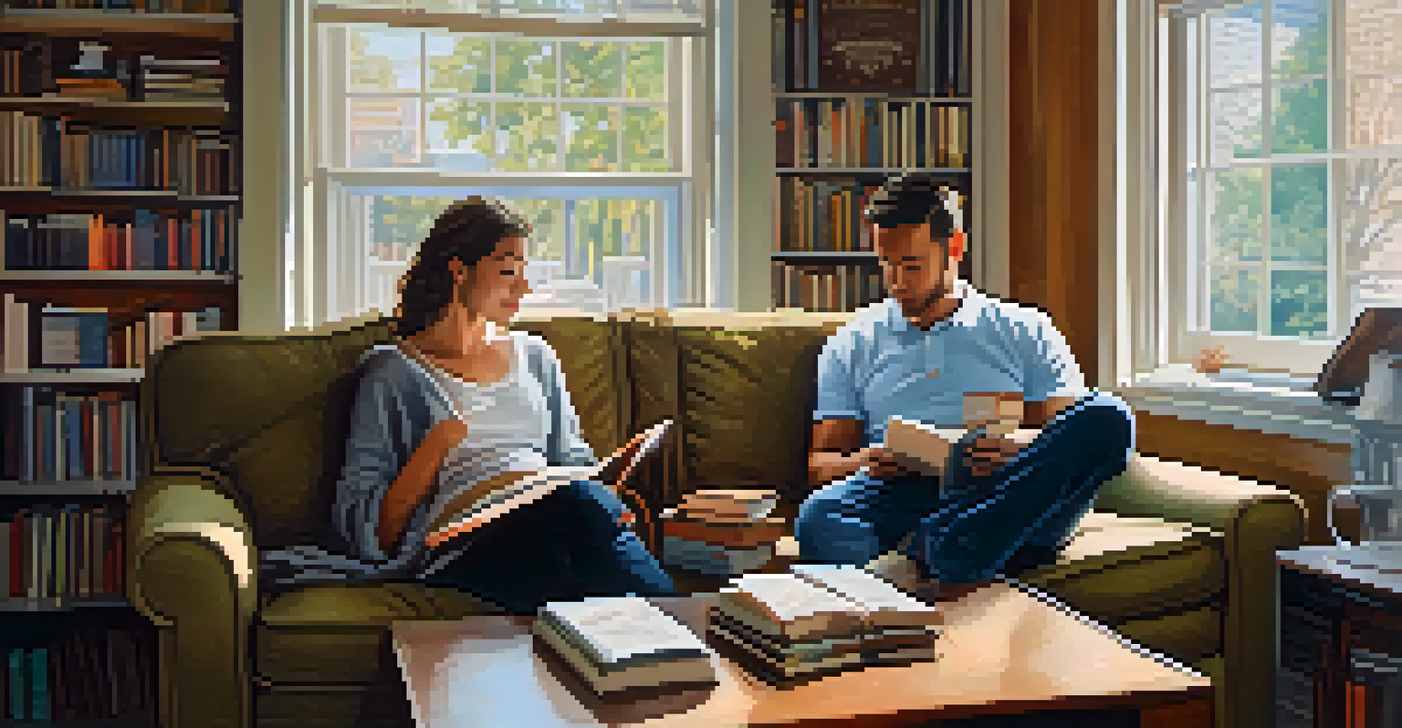 A couple on a couch discussing their fertility journey, surrounded by books and a warm atmosphere.
