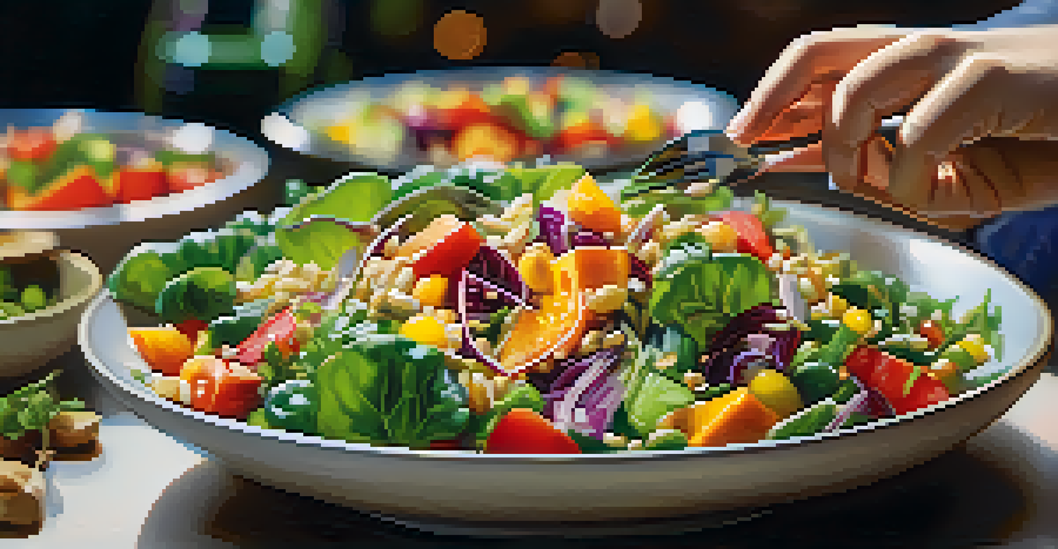 A close-up of hands holding a fork with a colorful salad, emphasizing the vibrant textures and colors.