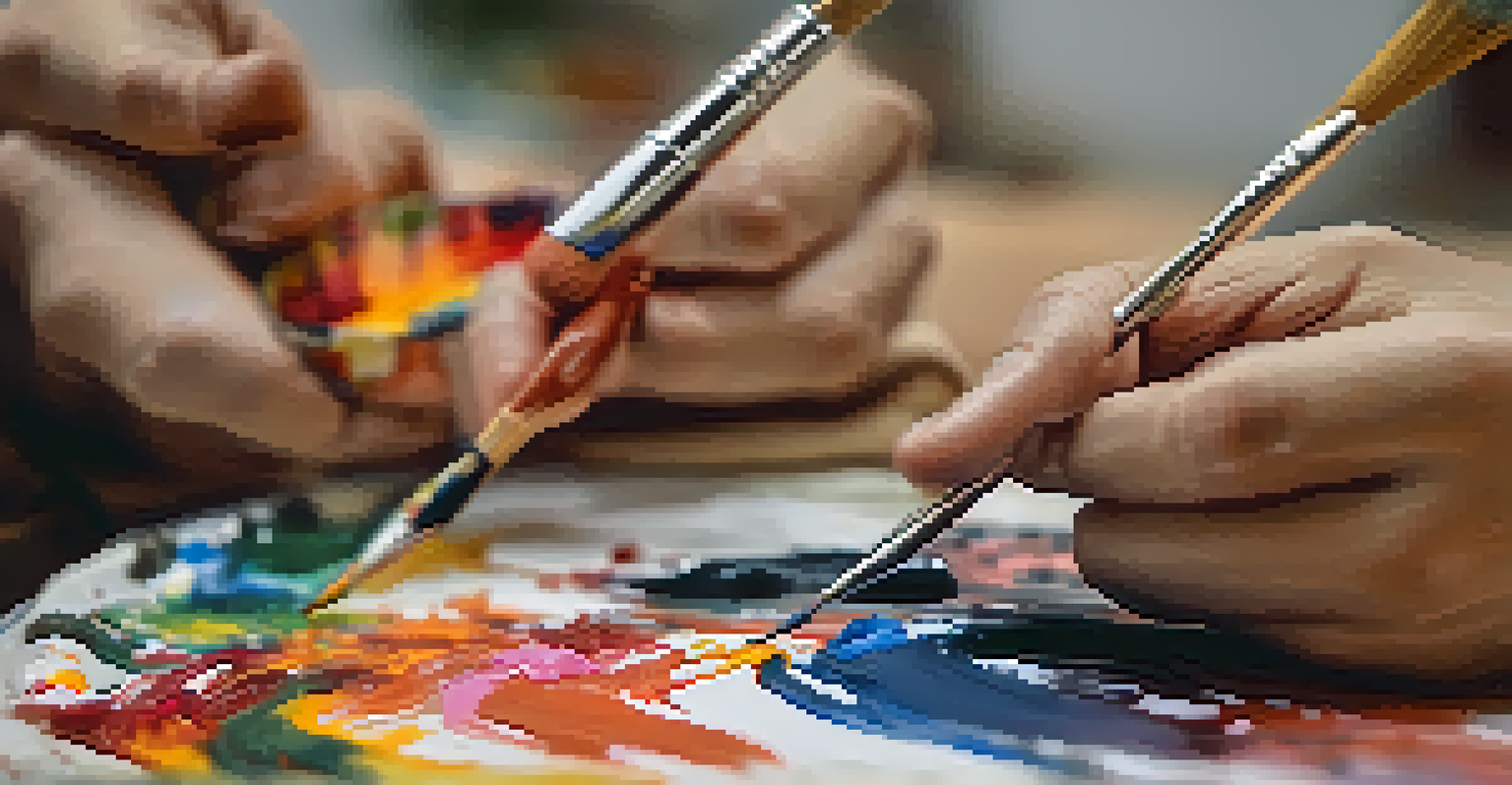 Close-up of hands working with clay and a paintbrush, surrounded by blurred images of completed art pieces.