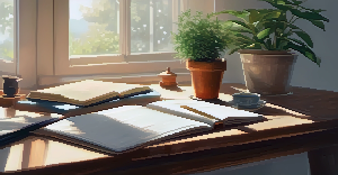 A clean and organized home office workspace with a wooden desk, a potted plant, a notebook, and a cup of tea, illuminated by soft natural light.