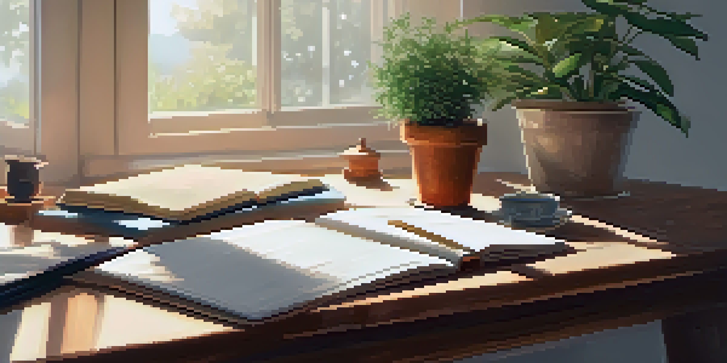 A clean and organized home office workspace with a wooden desk, a potted plant, a notebook, and a cup of tea, illuminated by soft natural light.