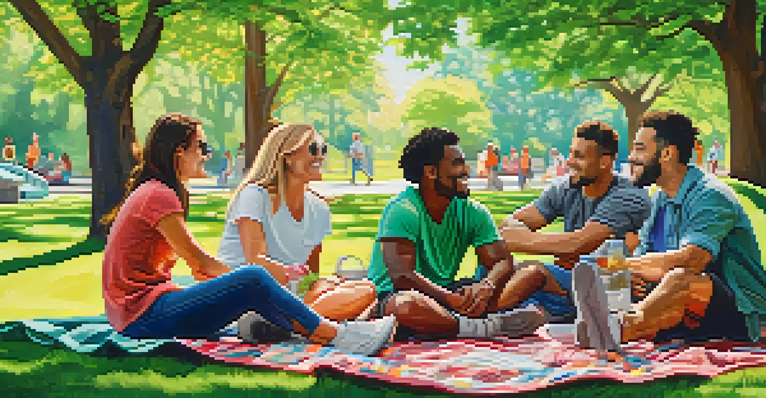 A group of friends sitting on a blanket in a park, engaging in a supportive conversation surrounded by nature.