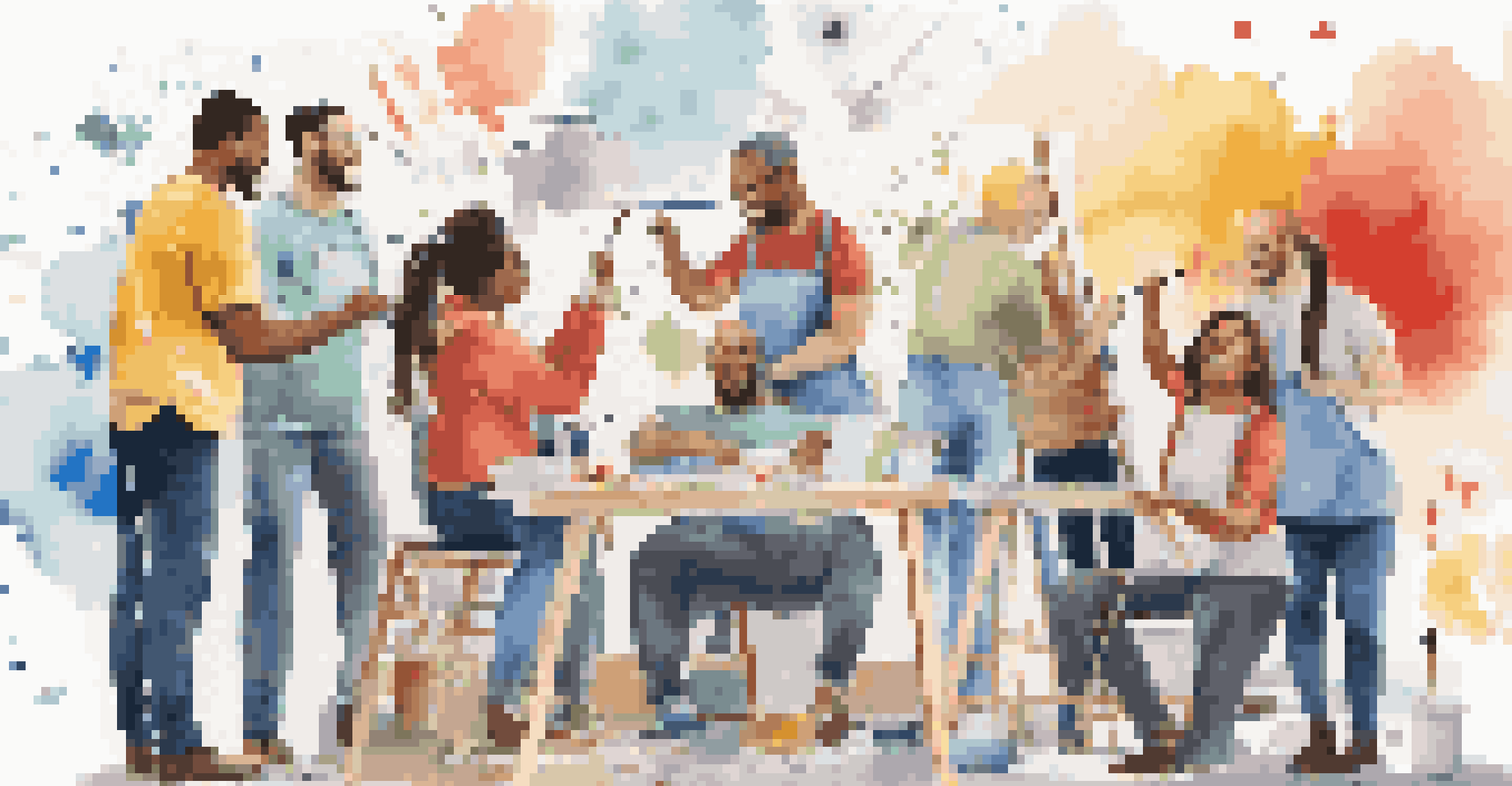 A diverse group of employees happily collaborating on a mural, painting together with colorful splashes around them.