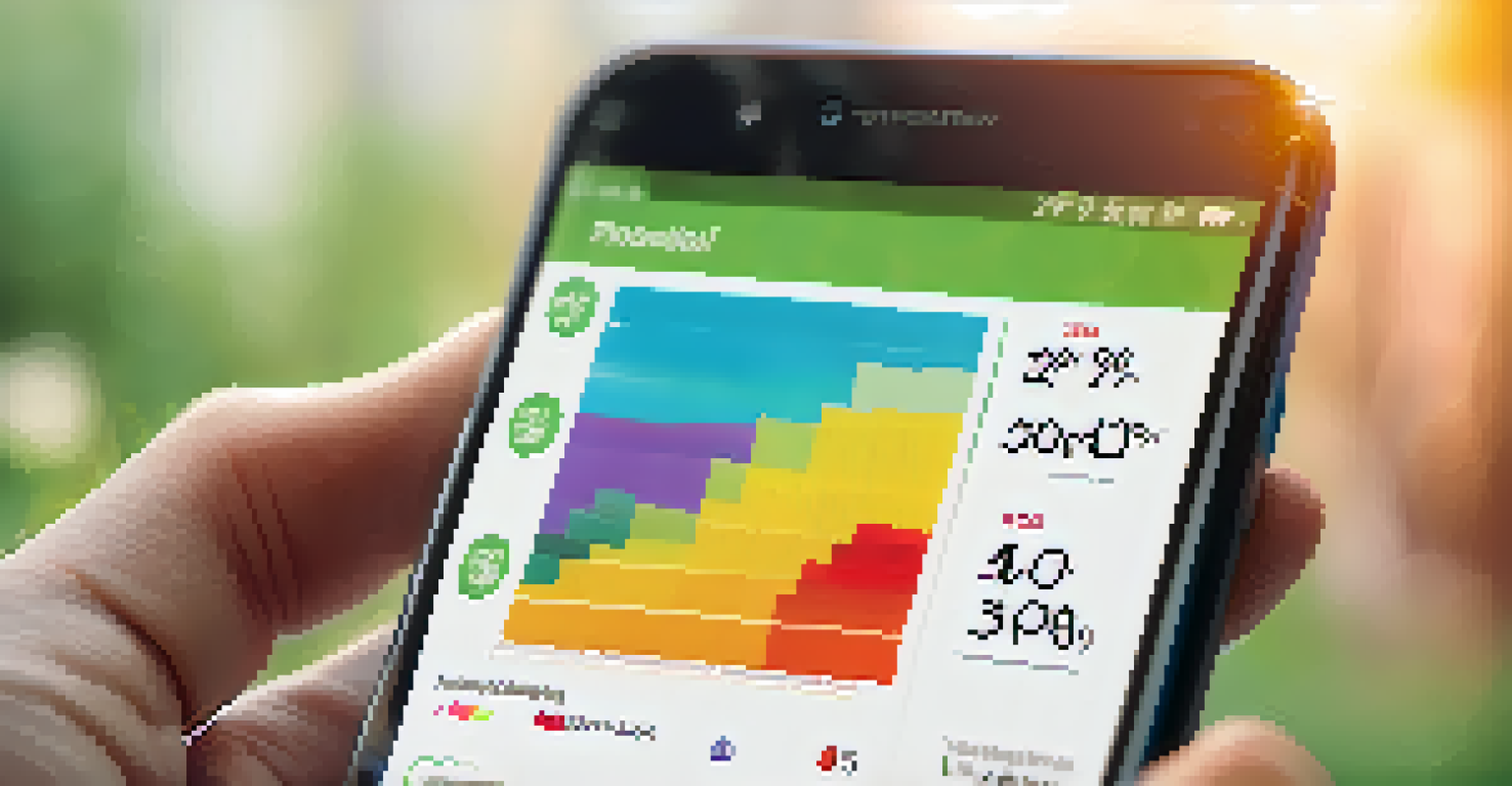 A close-up of a smartphone showing a health monitoring app with colorful graphs and alerts against a sunny outdoor background.