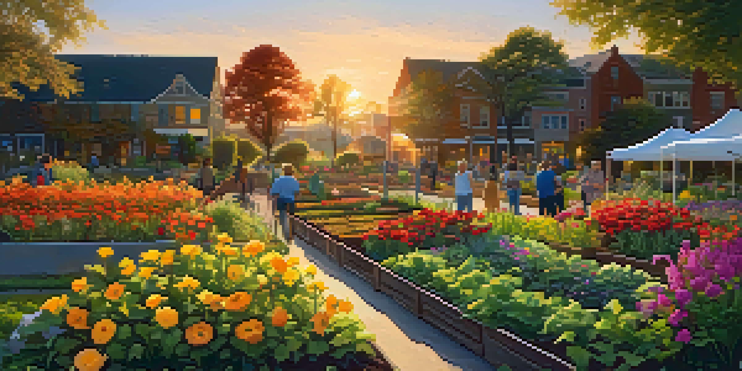 A peaceful community garden during sunset with blooming flowers and diverse individuals gardening together.