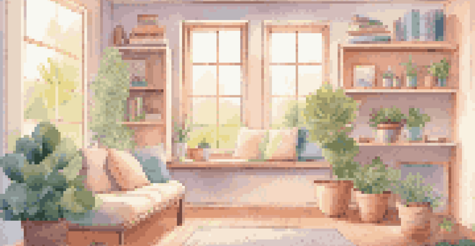 A peaceful corner designed for children's mindfulness practice, with cushions, books, and plants, illuminated by soft sunlight.