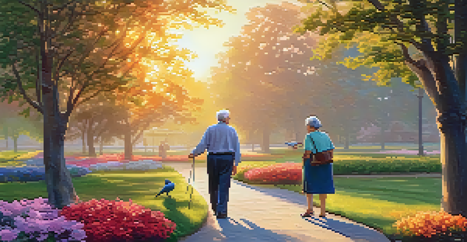 A caregiver and an elderly man walking in a park during sunset, surrounded by flowers and trees.