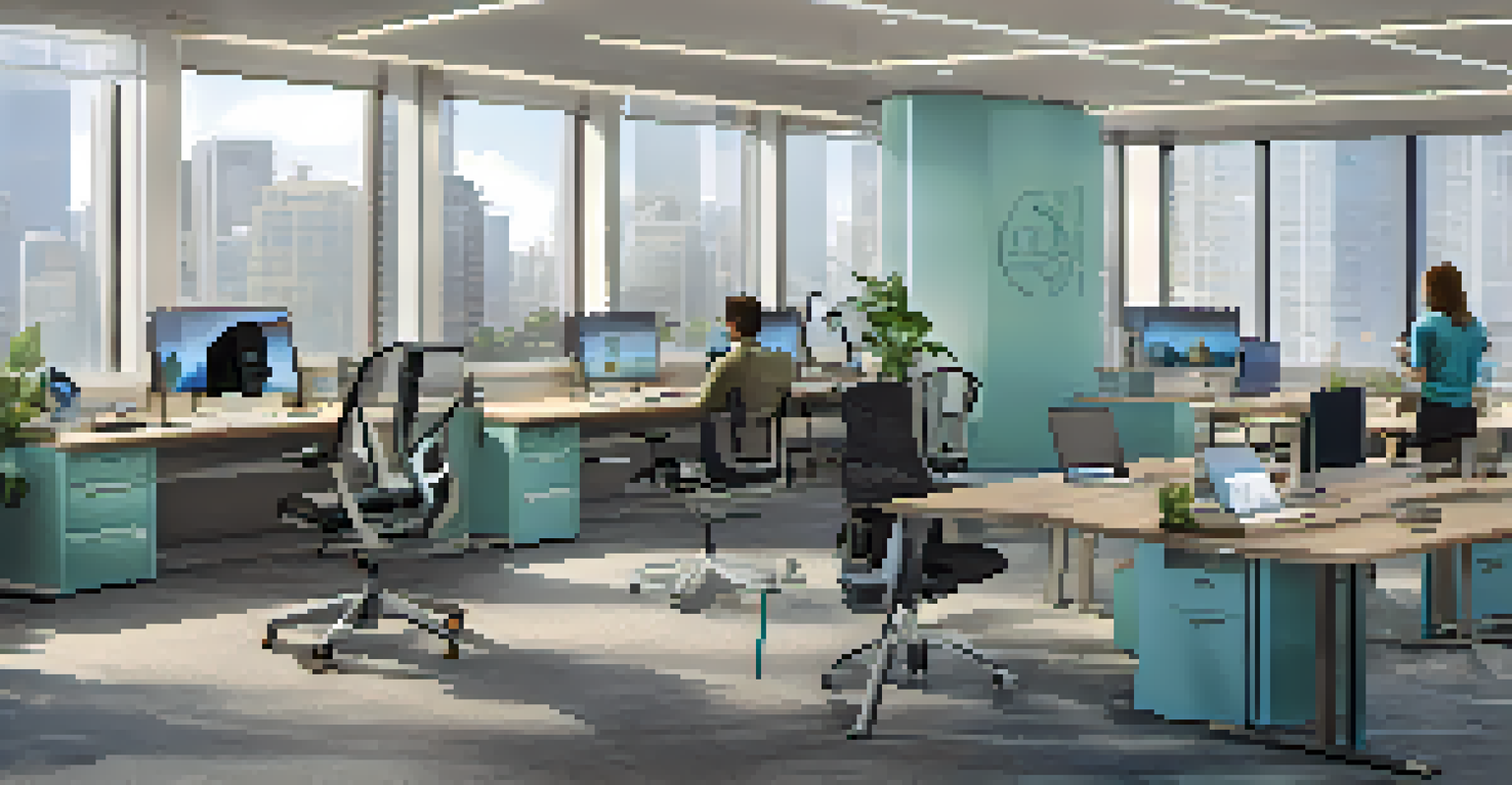 An ergonomic office space with adjustable desks and a calming color palette, where employees are focused on their work.