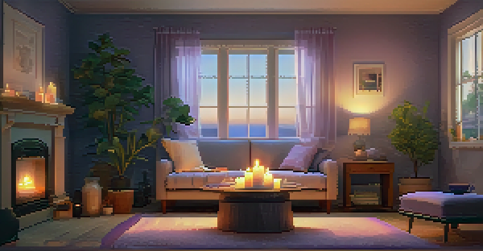A cozy room designed for relaxation with soft lighting, comfortable seating, and a record player playing calming music.