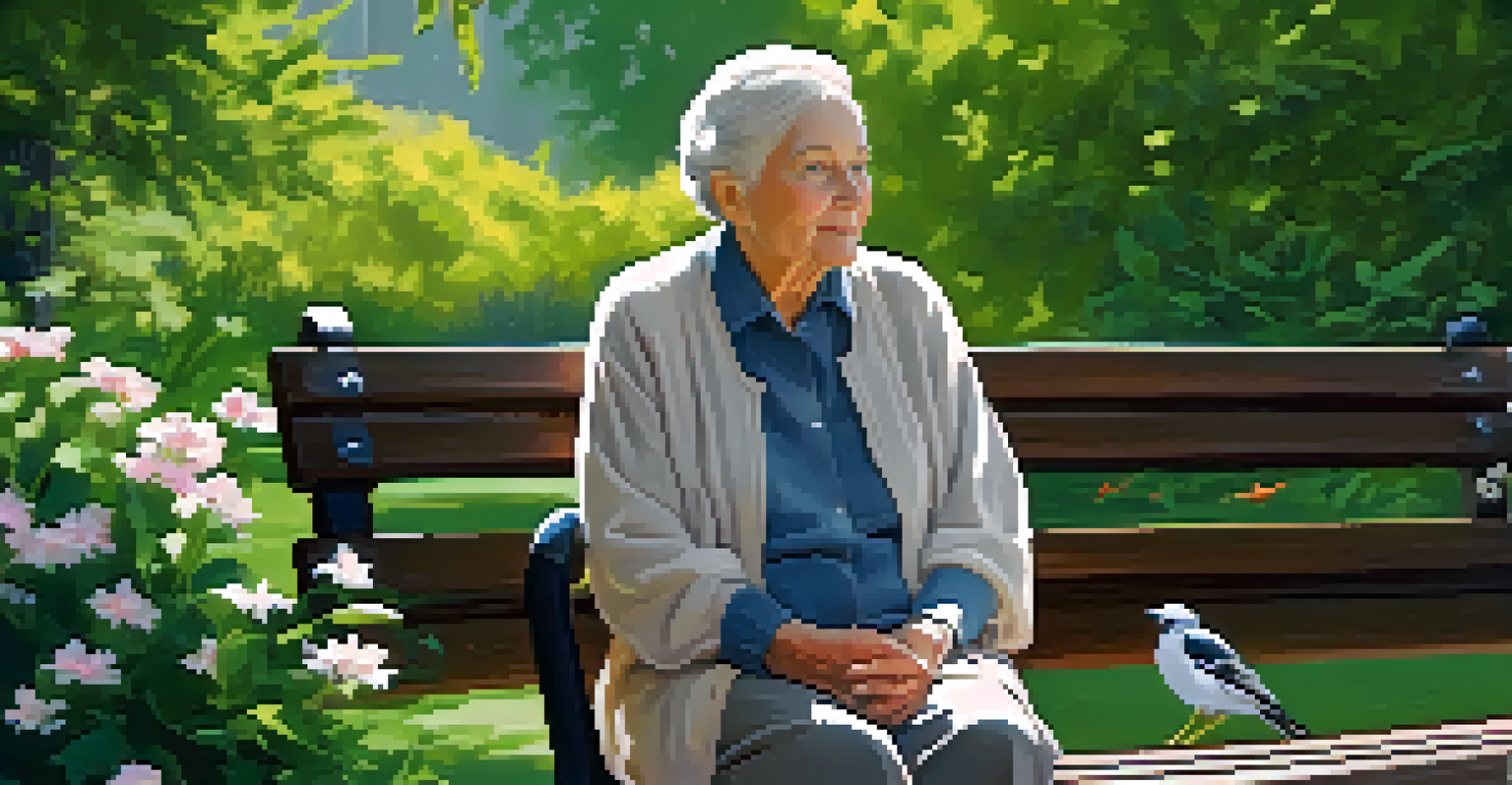 An elderly person enjoying a moment of peace on a park bench surrounded by nature, illustrating tranquility and connection to the environment.