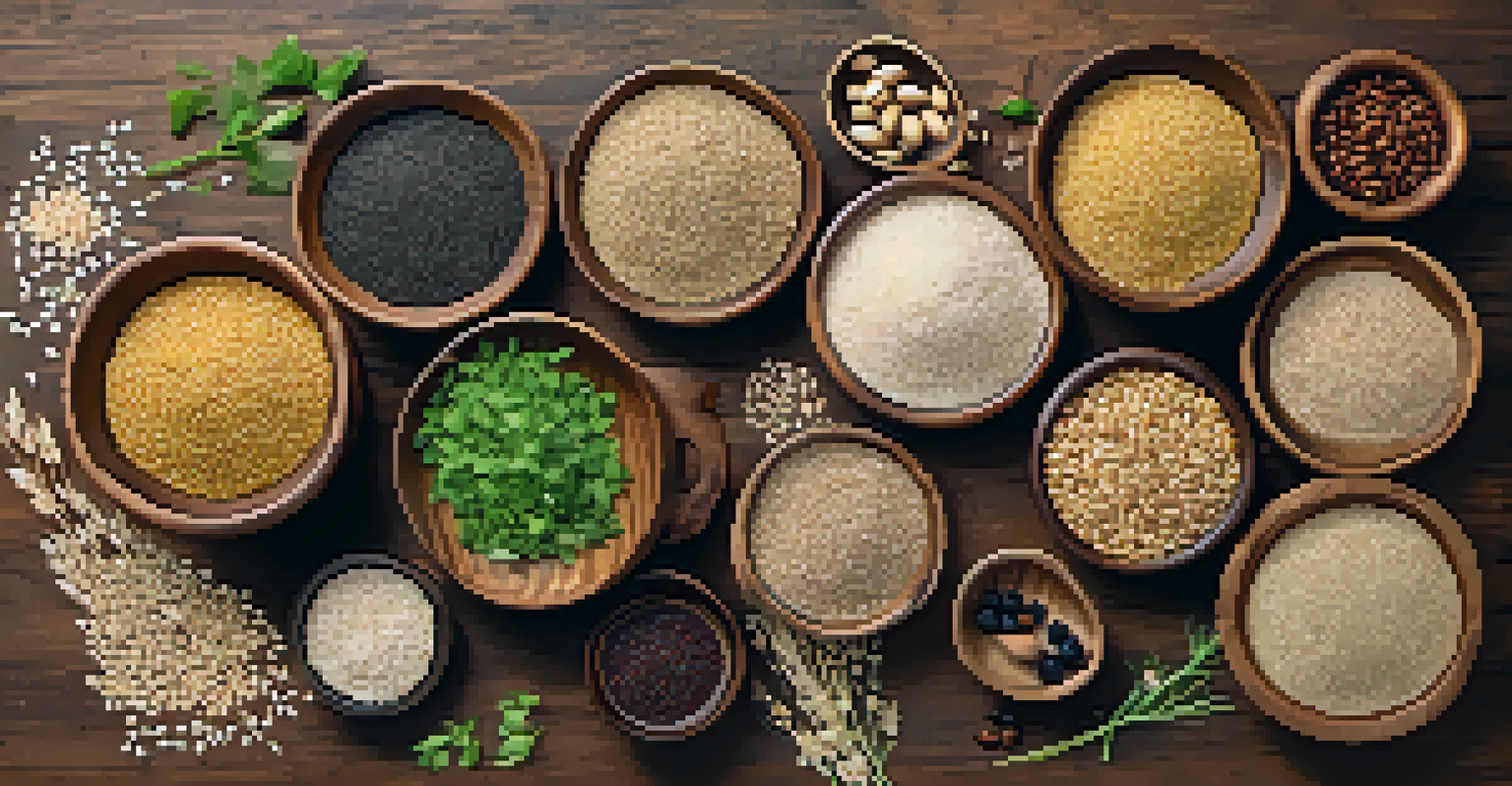 An overhead view of a rustic table with various whole grains and fresh herbs.