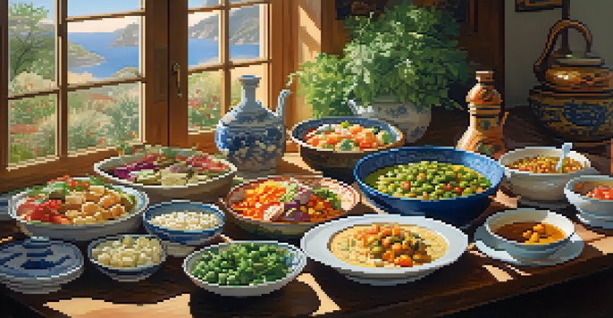 A kitchen table filled with a variety of cultural dishes, including Mediterranean salads, Indian curry, and Japanese sushi, illuminated by sunlight.